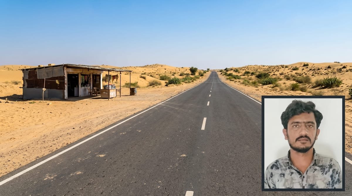 A roadside shop on a desert highway running towards the India-Pakistan international border near Jaisalmer, with an inset portrait of the accused Mustaq Ali.